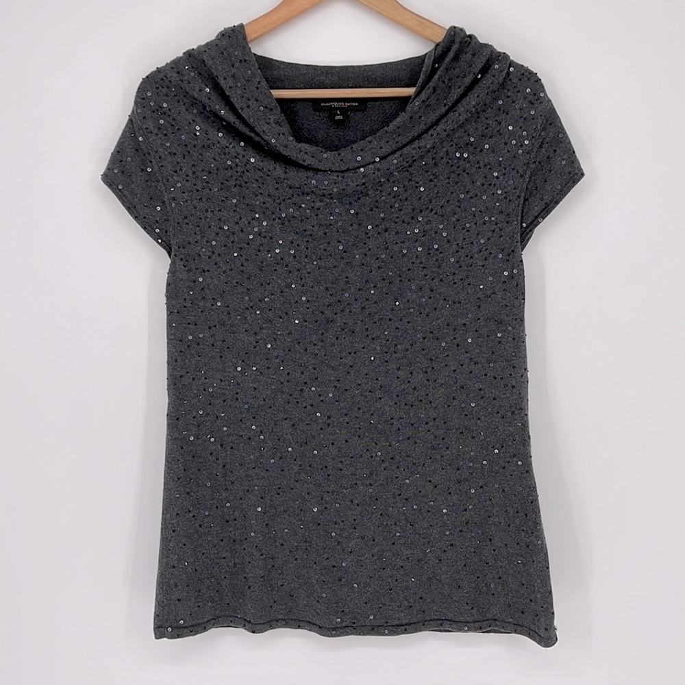 Classiques Entier Short Sleeve Sequin Cowl Neck Sweater Size Large Silk Cashmere